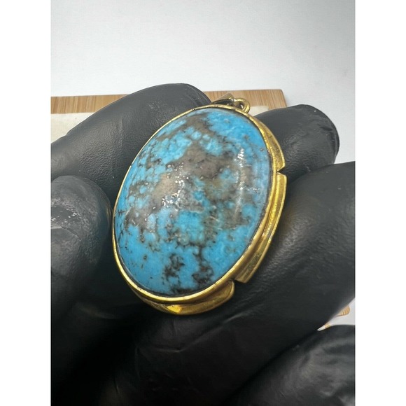 Natural Turquoise Pendant Metal Brass Handmade With Rope - Picture 5 of 11